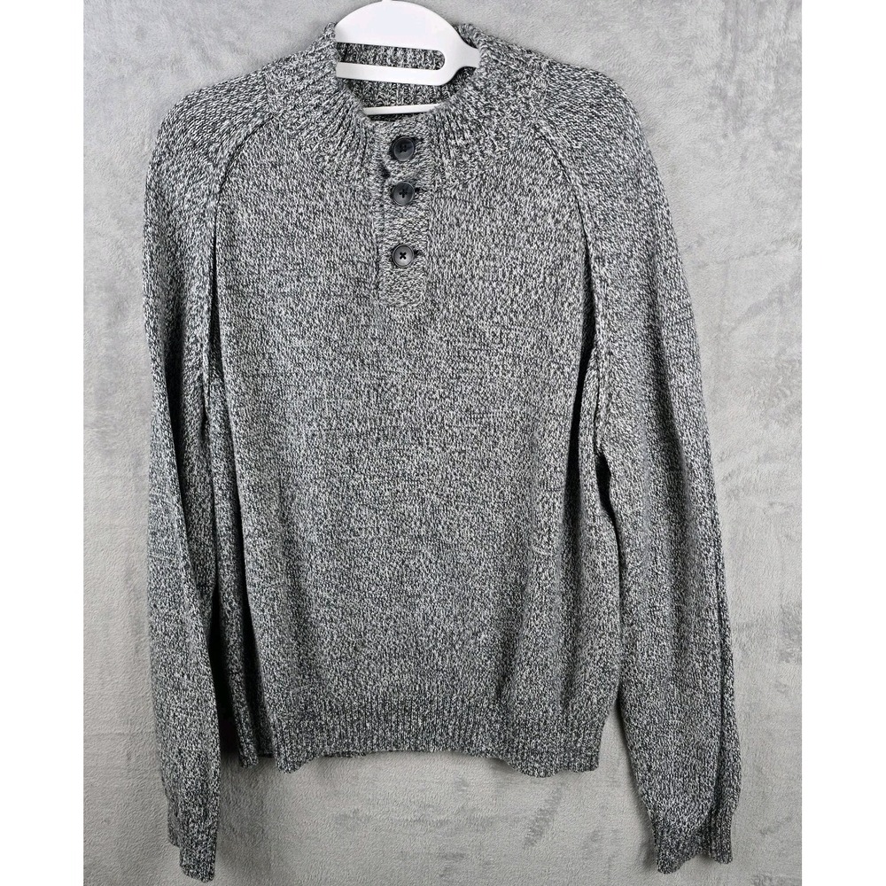 Mutual Weave Mens XL Grey Marl Cotton‎ Mock Neck Button Henley Sweater Pullover